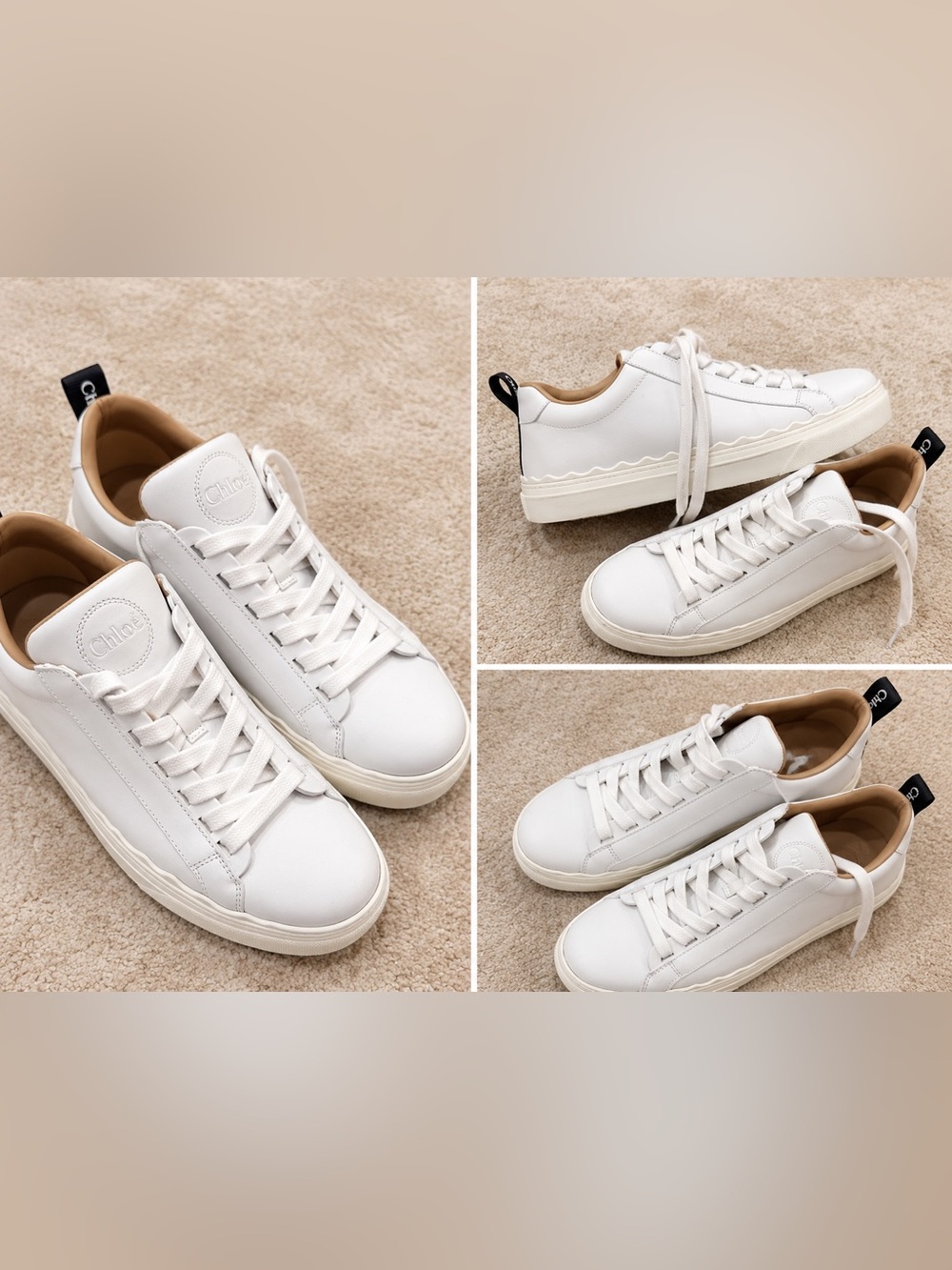 Chloé Scalloped White Lauren Smooth Calfskin Lace Up Sneakers, EU 37, US 7